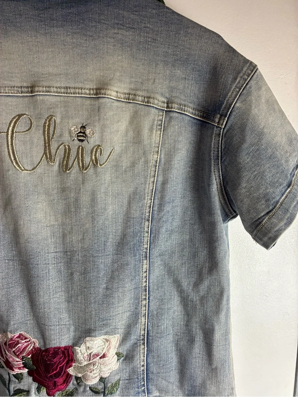 Light Wash Embroidered Floral Denim short sleeved Jacket
